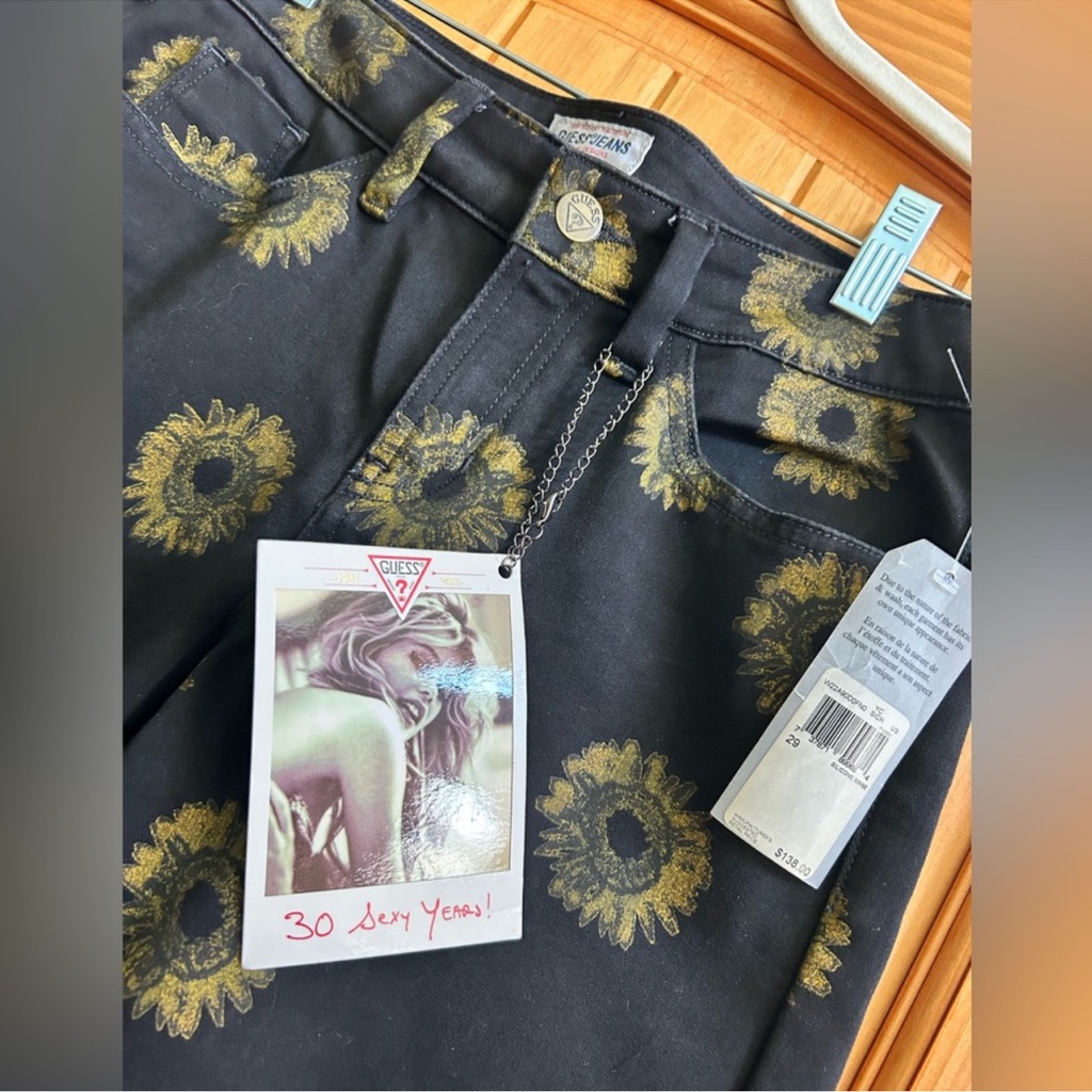 Guess Black & Gold Floral Pants Denim 90s Iconic Skinny Zipper Pre-Y2k Vintage
